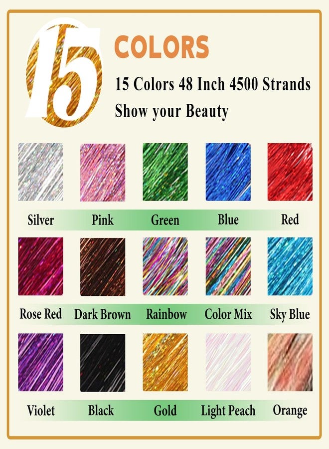 ELEVAVE Hair Tinsel Kit With Body Glitter 15 Colors 48 Inch 4500 Strands Glitter Tinsel Hair Extensions With Tools Fairy Hair Accessories, Suitable for Festivals and Daily Use (15 Colors Hair Tinsel Kit) - Image 5
